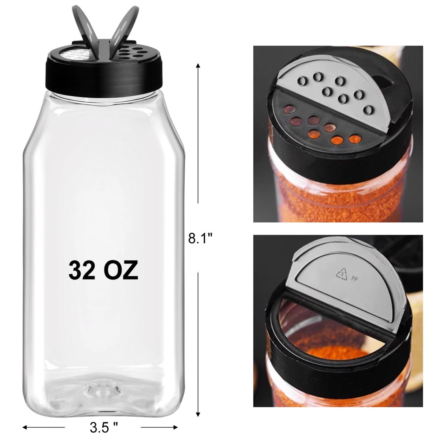 TUZAZO 32 Oz Spice Bottles Plastic Seasoning Containers, 6 PACK Large Plastic Spice Jars with Shaker Lids Empty for Spice & Herbs, BPA Free | Heavy Duty | Wide Mouth | Dual Flaps