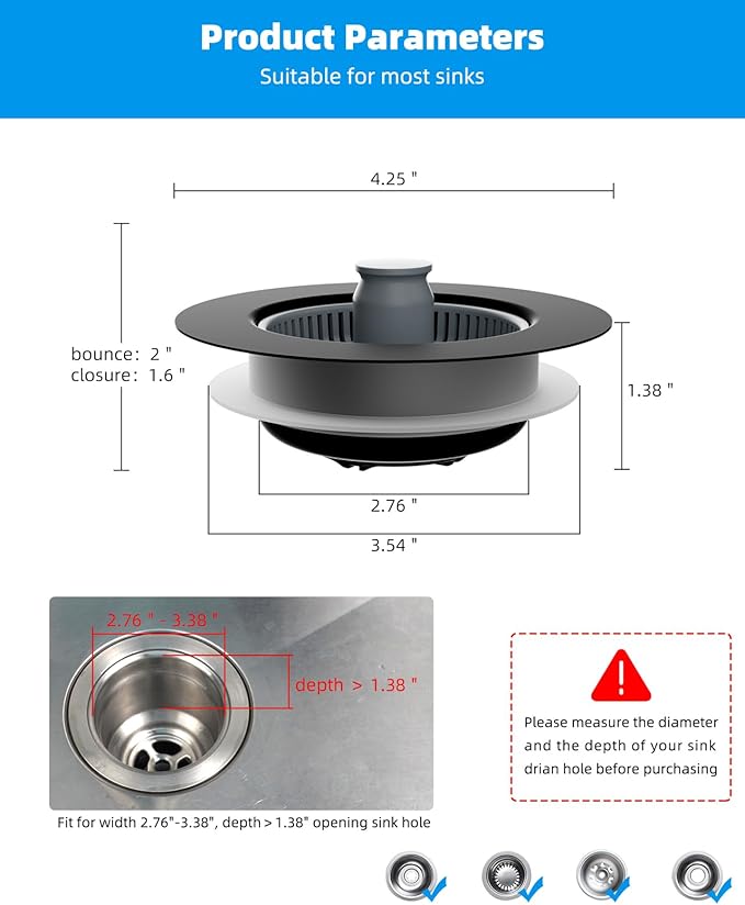 Hibbent 2 Pack 3 in 1 Kitchen Sink Drain Strainer and Stopper Combo, Stainless