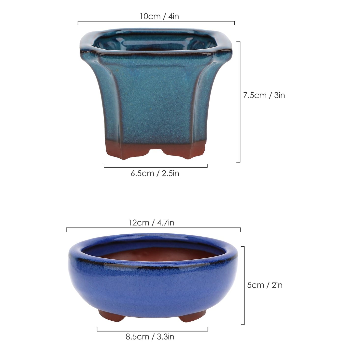 Bonsai Planter Succulent 4" Small Glazed Pots, Value Set of 2 + 4 Soft Mesh Drainage Screens