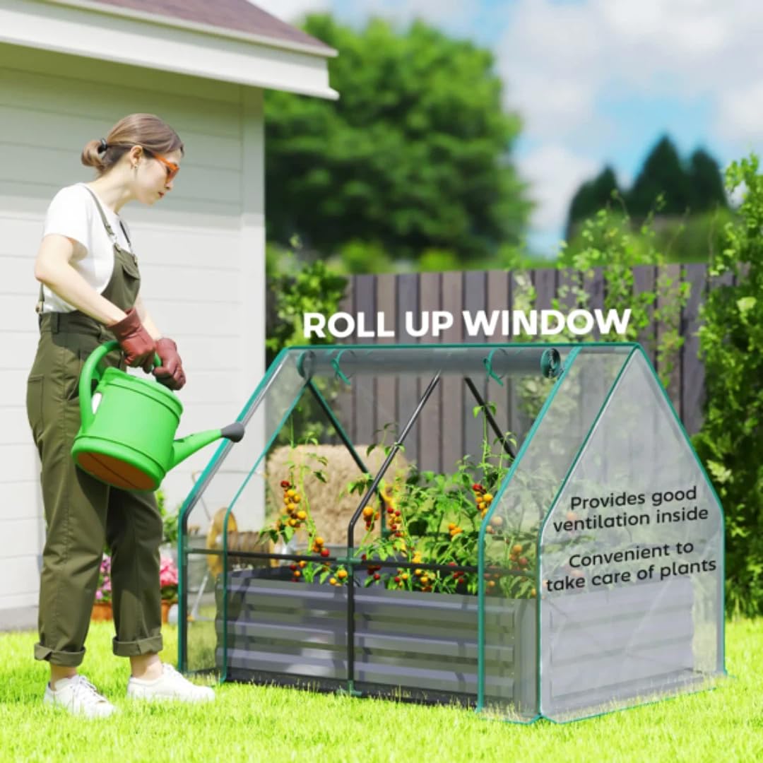 RLOZUI Metal Raised Garden Bed with Greenhouse Cover, 4.2x3.1x3FT Outdoor Galvanized Planter for Vegetables Flowers and Fruit