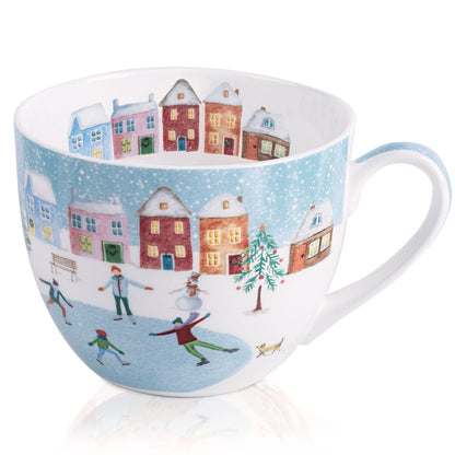 Christmas Skating Mug - 20 oz Bone China Winter Coffee Mugs with Snowy Village, Perfect Holiday and Christmas Gifts for Friends and Family - Designed in England by Harvest Green Studio