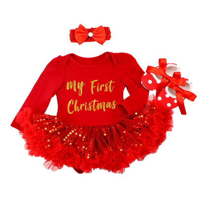 ODASDO Baby Girls My First Christmas Outfit Newborn Infant 1st Xmas Party Clothes Set Cotton Long Sleeve Princess Tutu Romper Dress + Bowknot Headband + Shoes 3pcs Clothes Set Photo Props Red 6-12M
