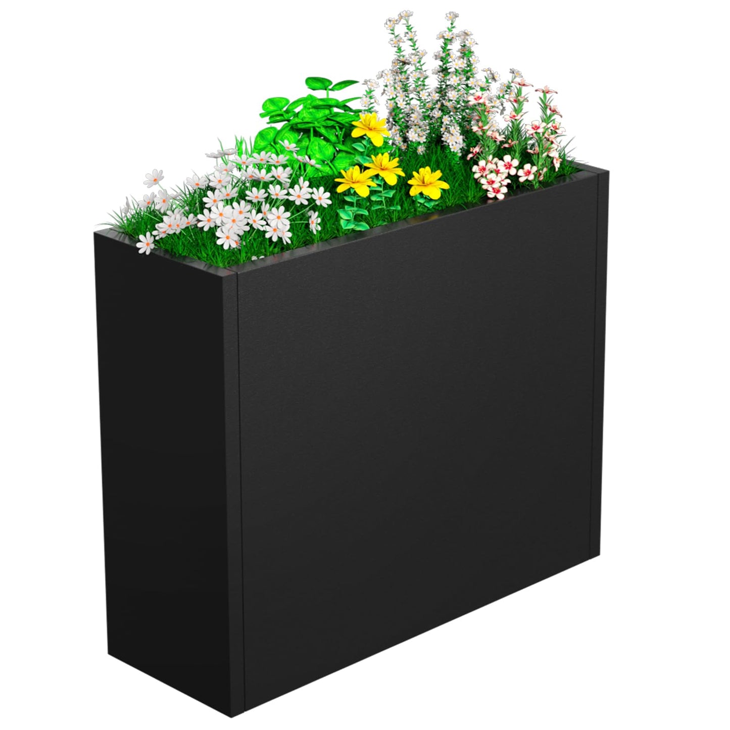 POOAMY Metal Planter, 30L x 10W x 24H, Heavy Duty Tall Planters for Outdoor Plants, Black Planters with Removable Insert Shelf, Large Planters with Drainage Holes for Porch, Patio and Yard, Black