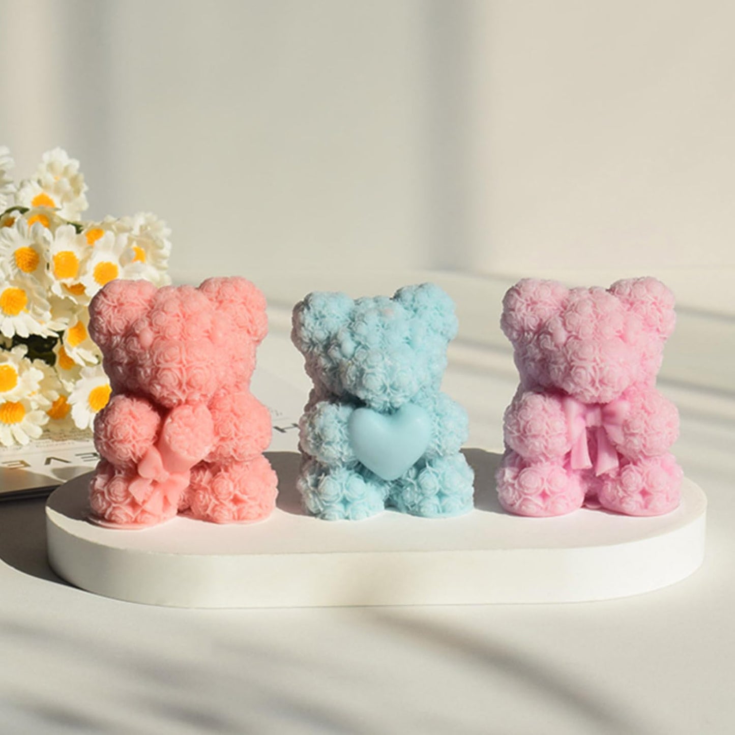 3 Pcs Silicone Fondant Mold Bowtie Rose Bear Silicone Mold 3D Cute Teddy Bear Candle Making Molds Vivid Animal Epoxy Resin Casting Mould for Home Decor