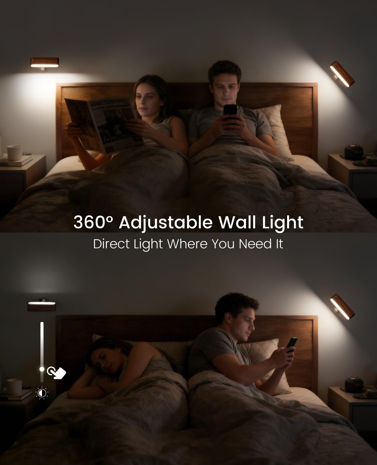 Wood LED Wall Sconce Magnetic 360°Rotate Mounted Mini Lamp Brightness Adjustable Nightlights Rechargeable Battery Powered Reading Light for Bedside Hallway Living Room Black Walnut Set of 2