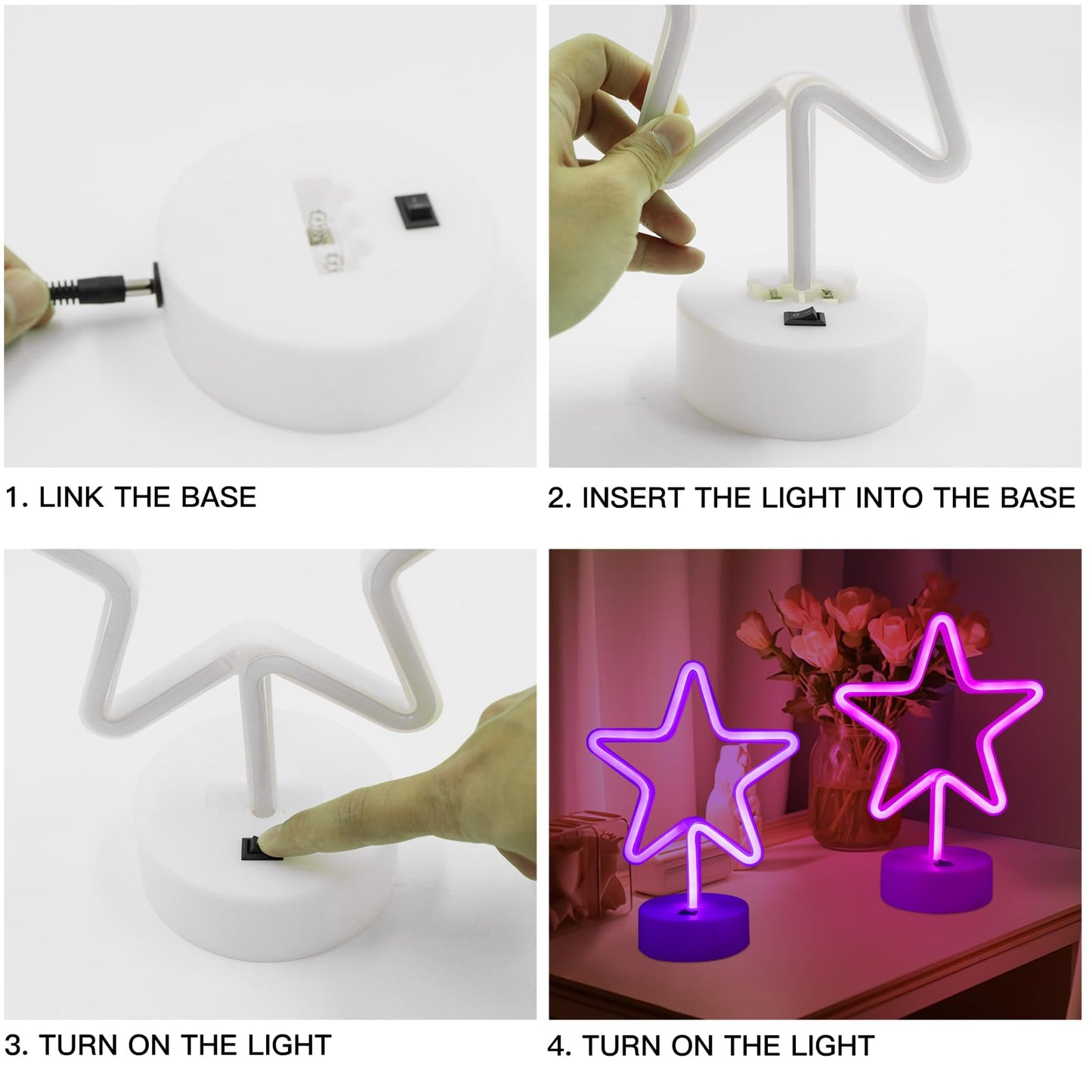 TT·SSTIE Star Neon Sign LED Star Lights for Wall Decor Battery Powered or USB Neon Star Light with Base Neon Sign for Bedroom Party Bar Gift Birthday Decoration Pink & Purple-2PCS