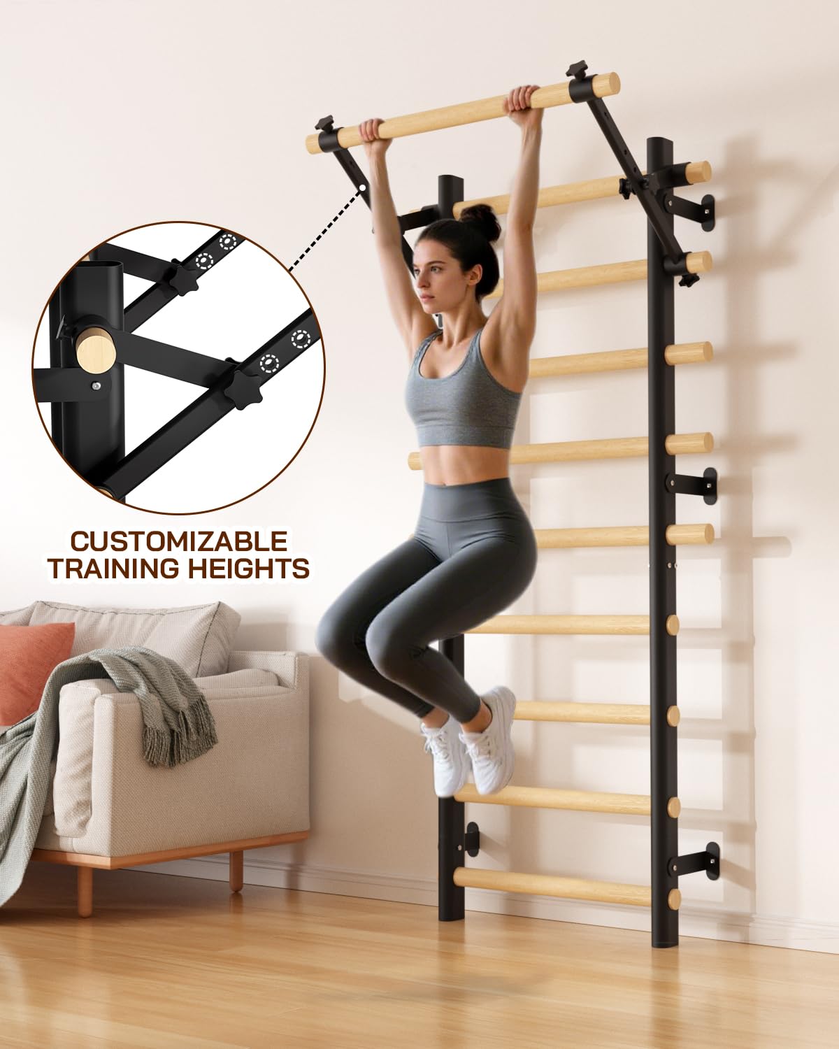 Cofiyard Swedish Ladder Wall Gym, Wooden Wall-Mounted Stall Bars with Pull-up Bar & Exercise Straps & Dip Bars, Stretching Ladder Full Body Home Gym Adults New