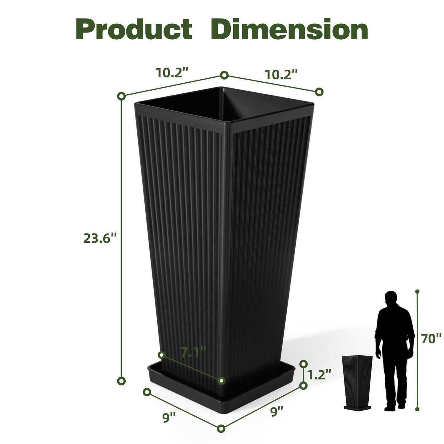 Trygoal Tall Black Planters Outdoor Set of 2-23.6" Modern Tapered Plastic Planters for Outdoor Plants with Drainage Holes/Partition/Tray, Large Indoor Planter for Porch Patio Garden Front Porch
