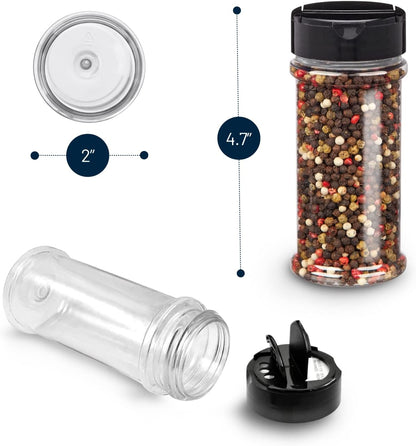RoyalHouse 12 Pack 5.5 Oz Plastic Spice Jars with Black Cap, Clear and Safe Plastic Bottle Containers with Shaker Lids for Storing Spice, Herbs and Seasoning Powders, BPA Free, Made in USA