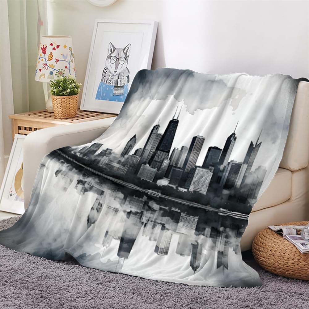 PAOABIU City Skyline Blanket Throw, Metropolis Panorama Throw Blanket for Couch, Modern Breathable Bed Throw, Grey Multicolor Lightweight Fleece Blanket Kids 30"x 60" Camping & Travel Blanket
