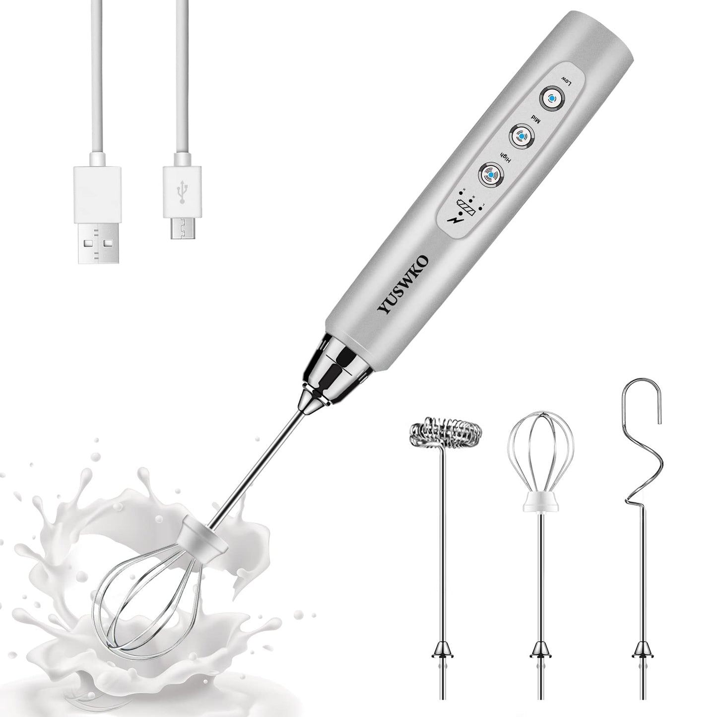 YUSWKO Black Handheld Milk Frother Wand for Coffee, Rechargeable Electric Whisk with 3 Heads 3 Speeds Drink Mixer Coffee Frother For Latte, Cappuccino, Hot Chocolate, Egg