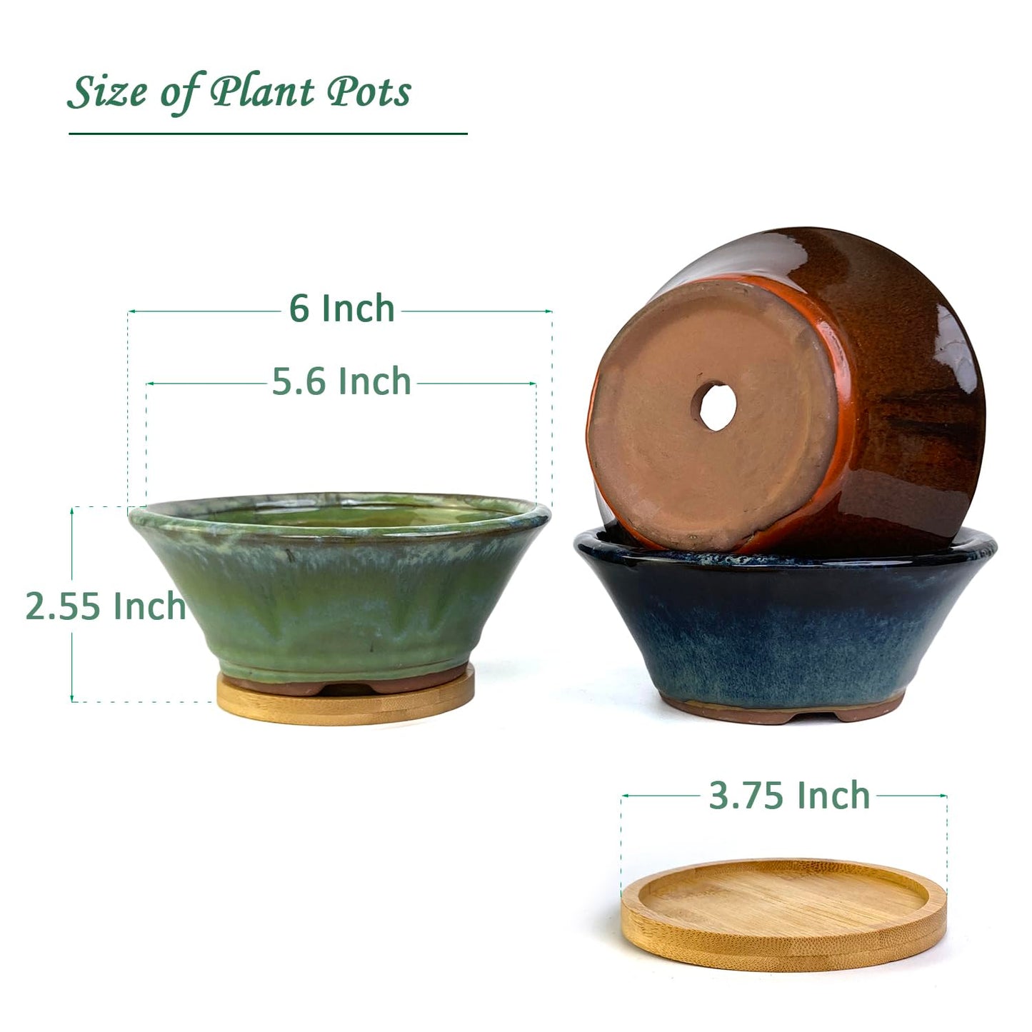 Summer Impressions 6 Inch Glazed Terracotta Succulent Pot Planter Small Plant Pot with Drainage Hole and Bamboo Saucer Cactus Ceramic Pot Set of 3 (Blue Green Orange)