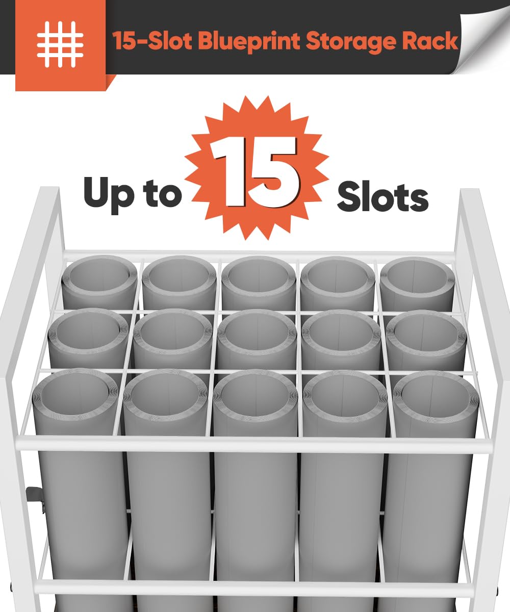 Tigerden Blueprint Storage Rack Cart, 15 Slots Metal Rolling File Holder with Wheels & Adjustable Pads, Mobile Gift Wrapping Paper Organizer for Maps/Posters/Architectural Construction Plans, White