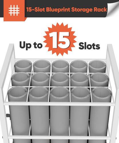Tigerden Blueprint Storage Rack Cart, 15 Slots Metal Rolling File Holder with Wheels & Adjustable Pads, Mobile Gift Wrapping Paper Organizer for Maps/Posters/Architectural Construction Plans, White