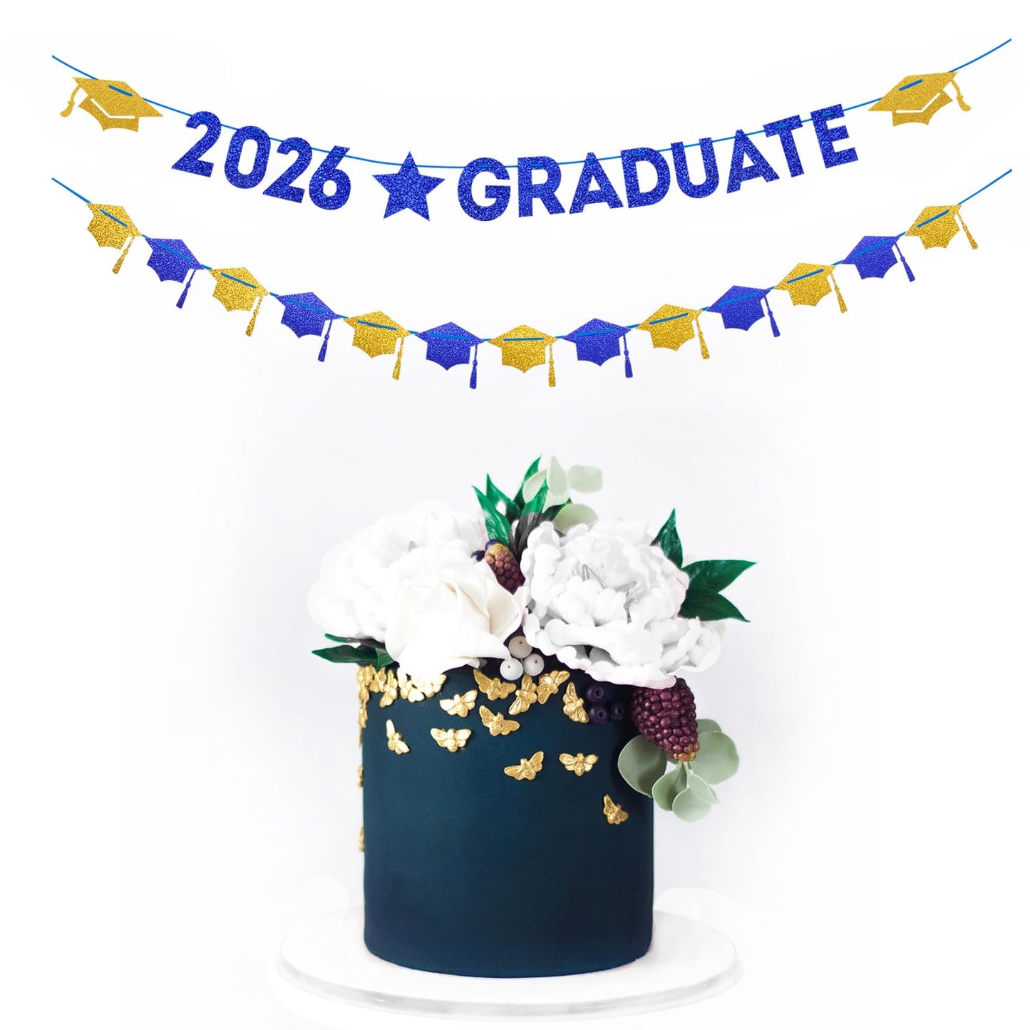 Navy-Blue White-Gold Party-Decoration Graduation Banner - 8pcs Kits Cap Garland Streamers, Paper Tissue Pom Poms Flowers, 2026 Craduate Banner Congratulations Grad Decor Lasting Surprise