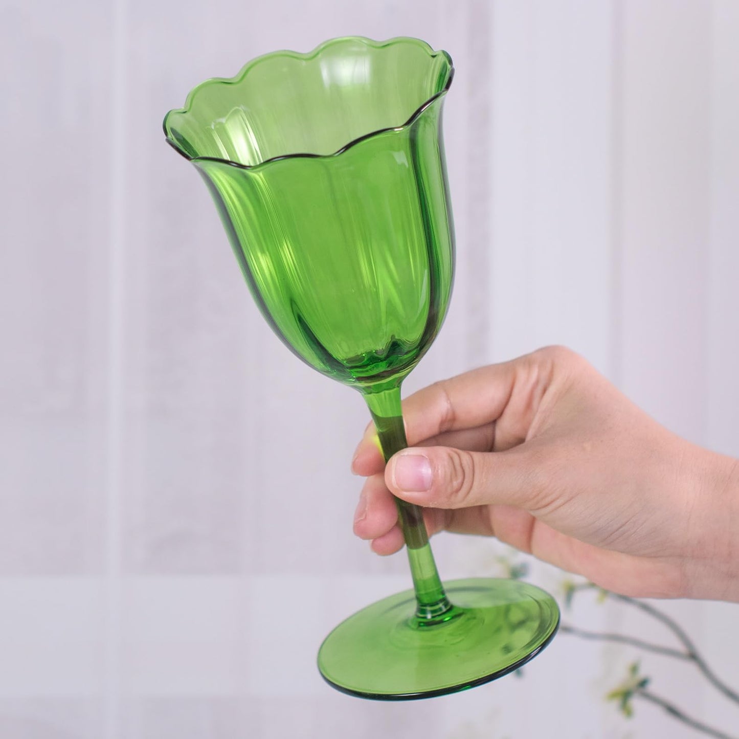KAMMAK Wine Glasses Set of 2, 9.47 oz Hand Blown Crystal Bordeaux Wine Glasses, Thin Rim & Long Stem, Perfect for Red & White, Daily Use, Wedding or Birthday Gift with Gift Box, Fully Green Flowers