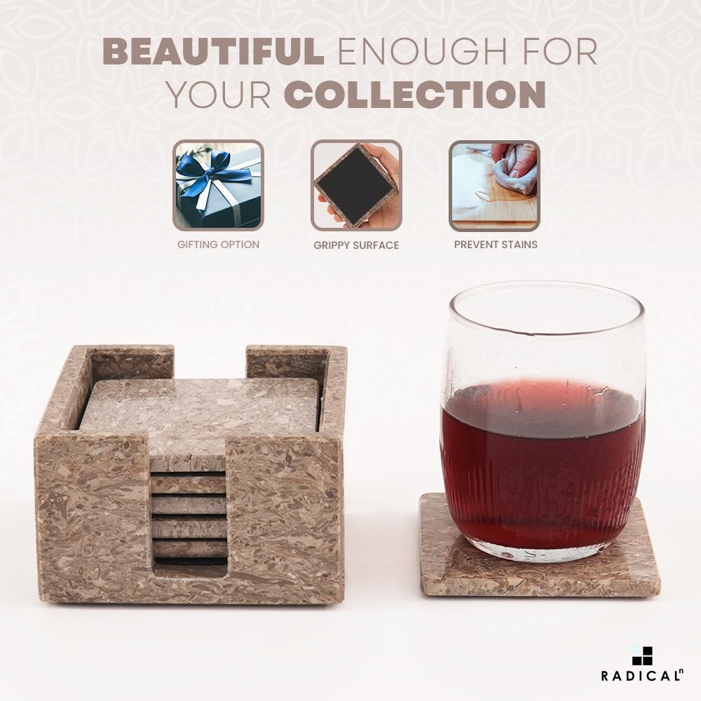 Radicaln Marble Coasters Set of 6 Handmade 3.5" Inch Oceanic Coasters for Drinks, Stylish Square Coaster Set with Holder for Coffee Tables