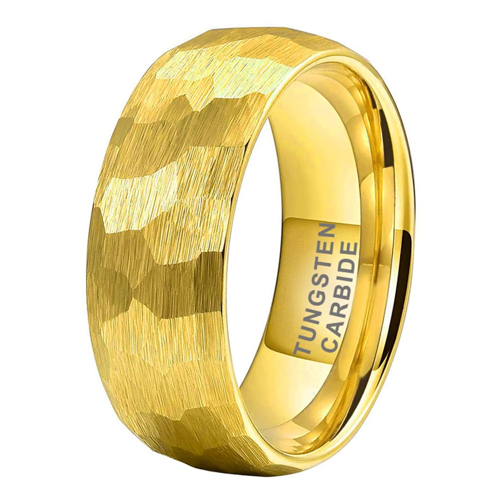 TUTISS 8mm Gold Hammered Tungsten Rings for Men Women Engagement Wedding Bands Domed Matte Finish Comfort Fit Size 9.5