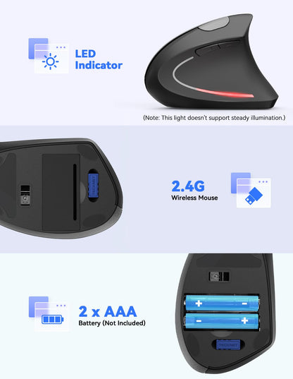 TECKNET Ergonomic Mouse, 4800DPI Wireless Vertical Mouse 6-Button Silent Mice with 5 Adjustable Levels DPI, USB Receiver, 2.4G Cordless Computer Mouse Optical Wireless Mouse for Laptop, PC, Mac