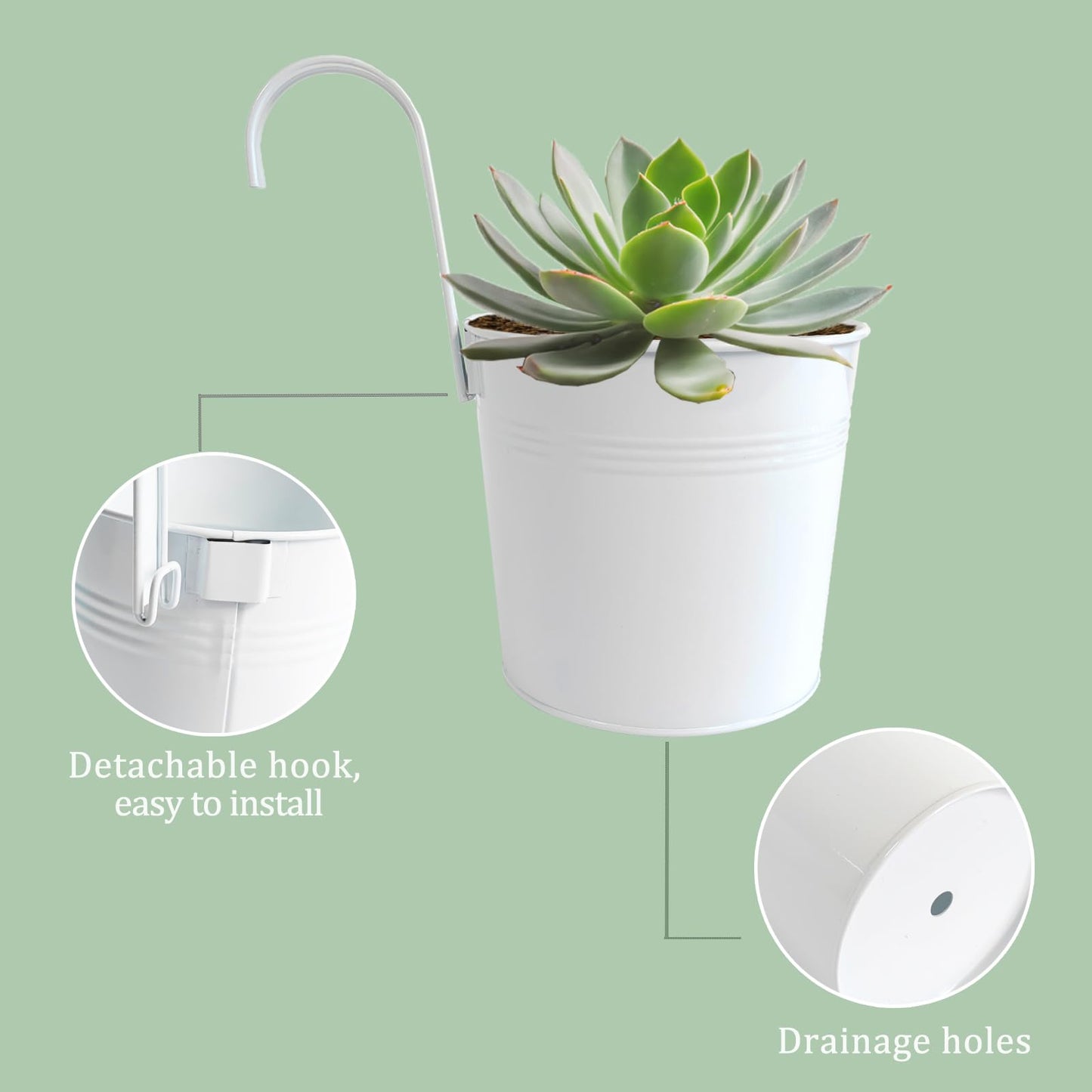 Joyfernal 6 Pack Hanging Flower Pots, 6" White Metal Balcony Planters for Herb Succulent, Samll Railing Fence Hanging Bucket for Outdoor/Indoor Decoration (White, Pack of 6)