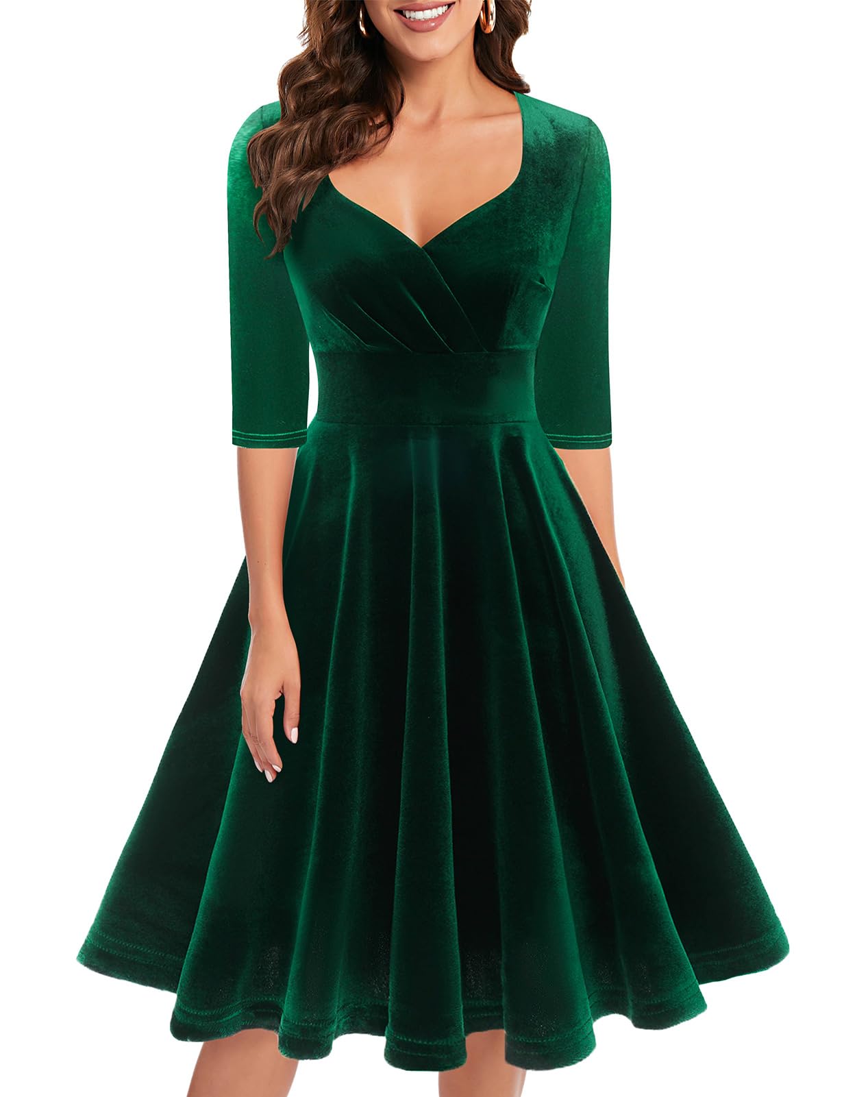 Bbonlinedress Women Long Sleeve Velvet Formal Vintage Cocktail Party Winter Christmas Wedding Guest Dress V-Dark Green XL