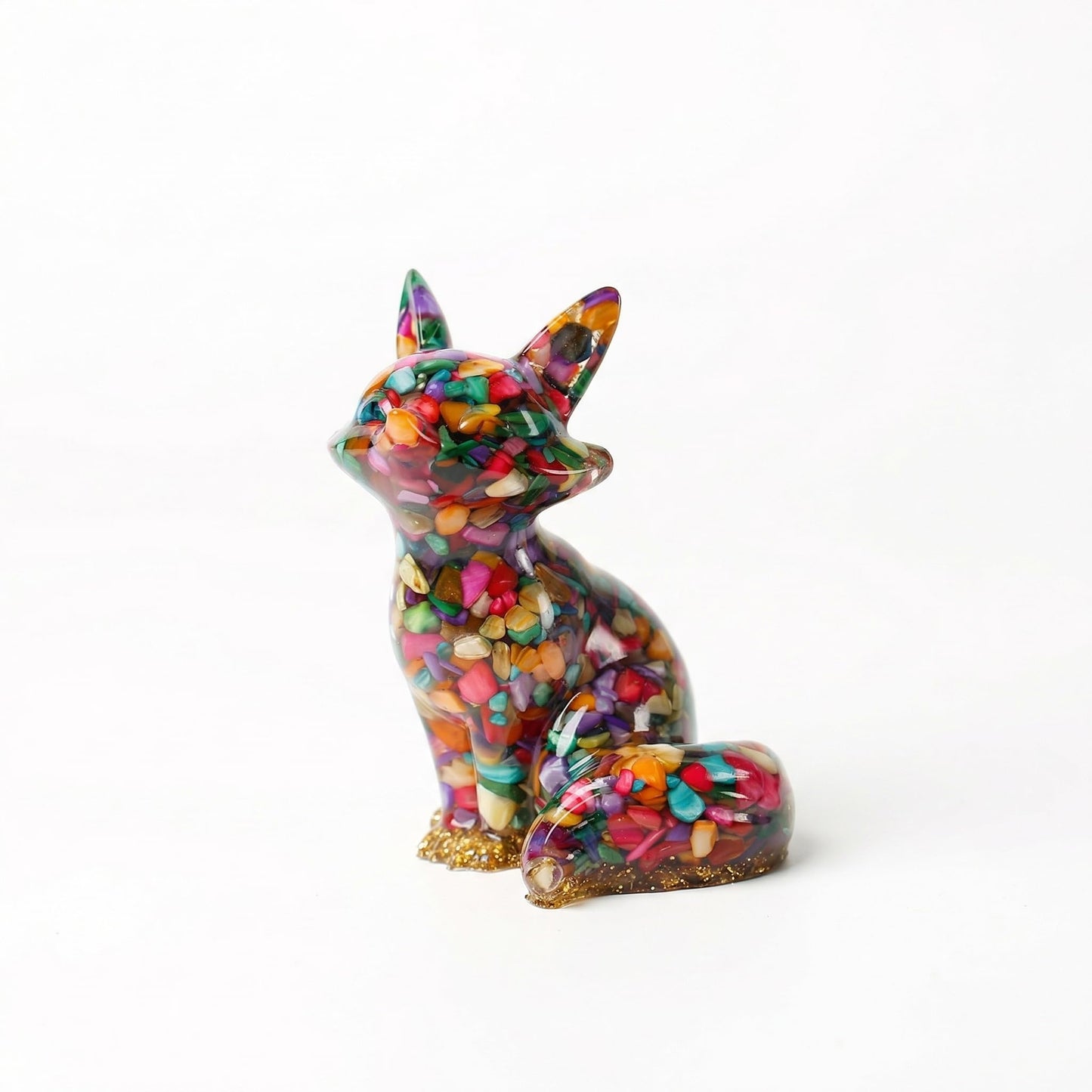 Resin Fox Figurine - Handmade Animal Statue Inlaid with Natural Crystal Stones | Home Decoration, Desktop Ornament, Creative Gift (Colour Shell Fox)