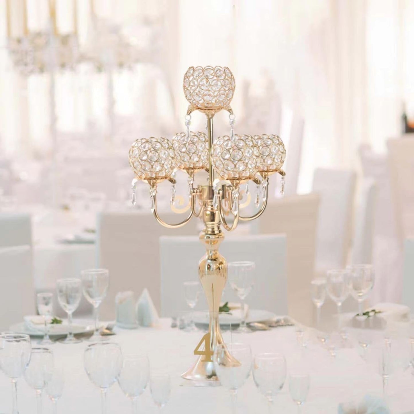 Kehail 5 Arm Gold Candle Holder 22.5 Inch Tall Crystal with Pendant, Romantic Home Decor Elegant Candlestick Holder for Dates Wedding Receptions Holiday Party Important Events