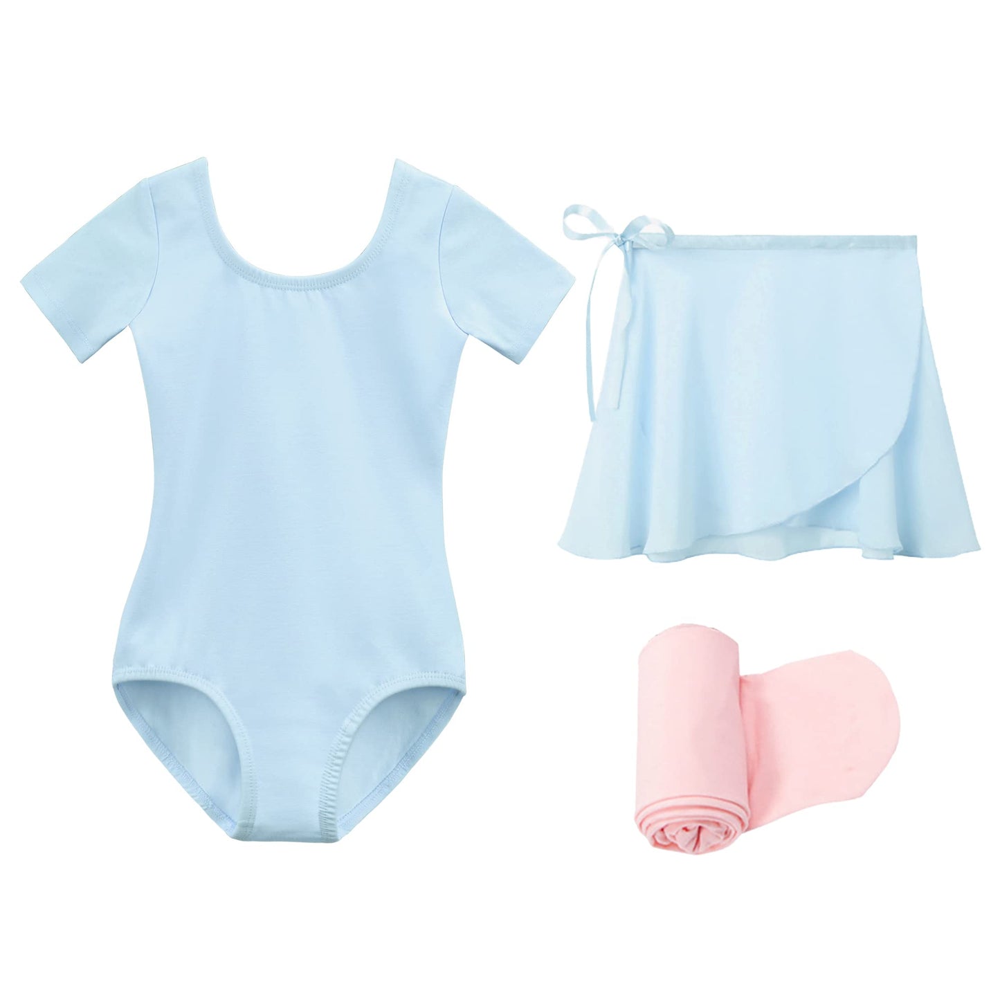 Stelle Girls Short Sleeve Dance Active Dress Ballet Leotard Combo with Dance Skirt and Dance Tight (Blue (Adjustable Tie),110, 6 Years)