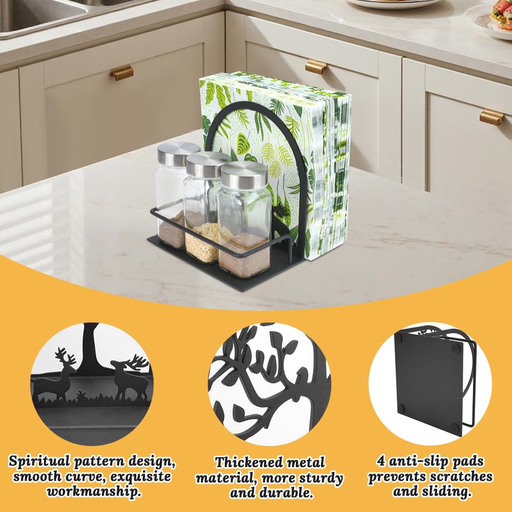 FHUIEWRY Napkin Holder for Table, Napkin Dispenser with 3pcs Salt Pepper Shakers Tree & Deer Design Metal Serviette Holder Basket, Standing Paper Napkin Storage for Kitchen Dining Table Decor, Black