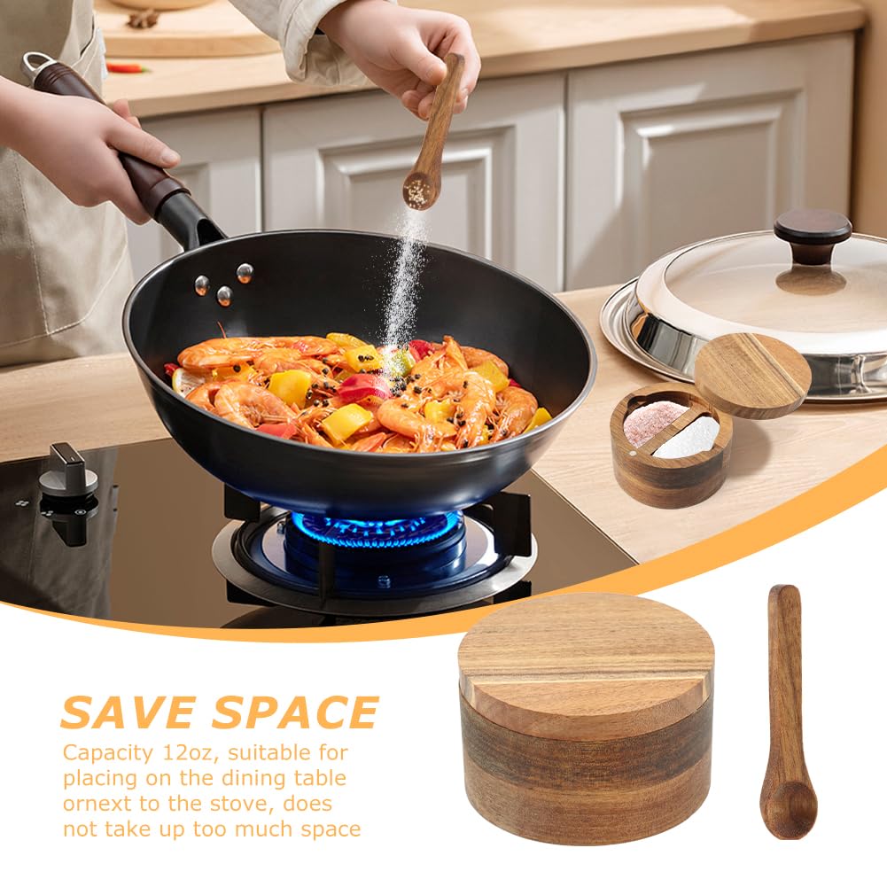 Restynic Wood Salt & Pepper Bowl with Magnetic Swivel Lid - Built-in Spoon, Natural Wood Grain, for Kitchen Spice Storage or Gifting(COLOR:Two Compartment)