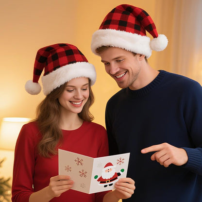 ALIMITOPIA 2pcs Christmas Santa Hat,Double Layer Luxury Plush Christmas Santa Claus Cap Xmas Hat for Adults (Plaid)