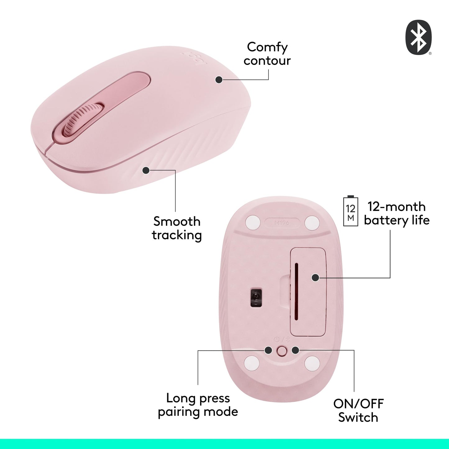 Logitech M196 Bluetooth Wireless Mouse, Compact and Portable Mouse for Laptops, Tablets and More, 12-Month Battery, Smooth Tracking, Compatible with PC and Mac, Windows and macOS - Rose