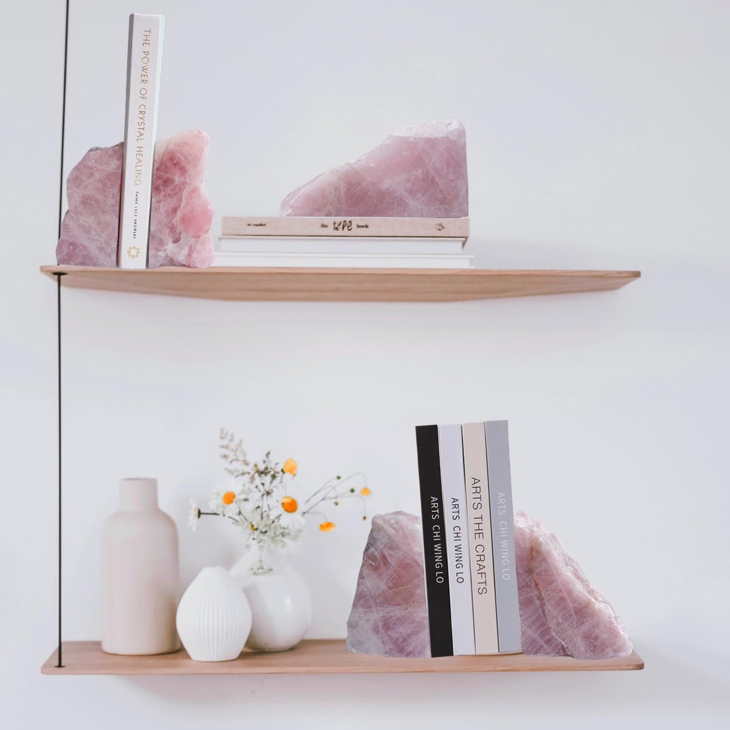 Sisamn Heavy Duty Rose Quartz Bookends - Decorative Stone Book Ends 3-4 Lbs, for Office Home Decor, Large Book Holder Gift (1 Pair, 4-6.5" Height with Non-Slip Bumpers)