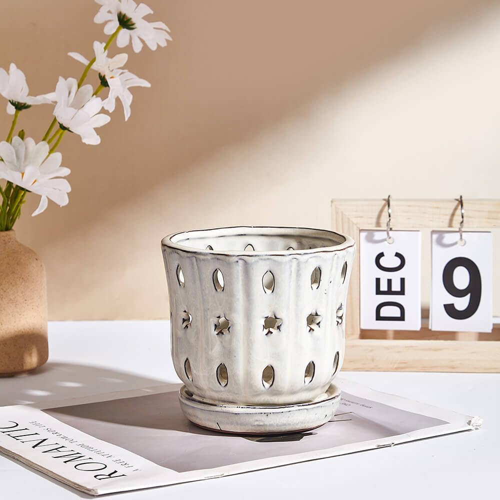 NiSevenLiving Orchid Pots with Holes Attached Saucers 5 Inches - 2 Pcs Small Ceramic Pots for Repotting, Decorative Ceramic Orchid Planter with Hole for Healthy Root Growth (White and Blue)