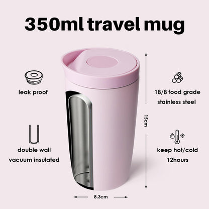 Insulated Travel Mug 350ml Stainless Steel Office Coffee Cup with Push Button Lid Keeps Cold and Hot for 8 Hours (Pink)