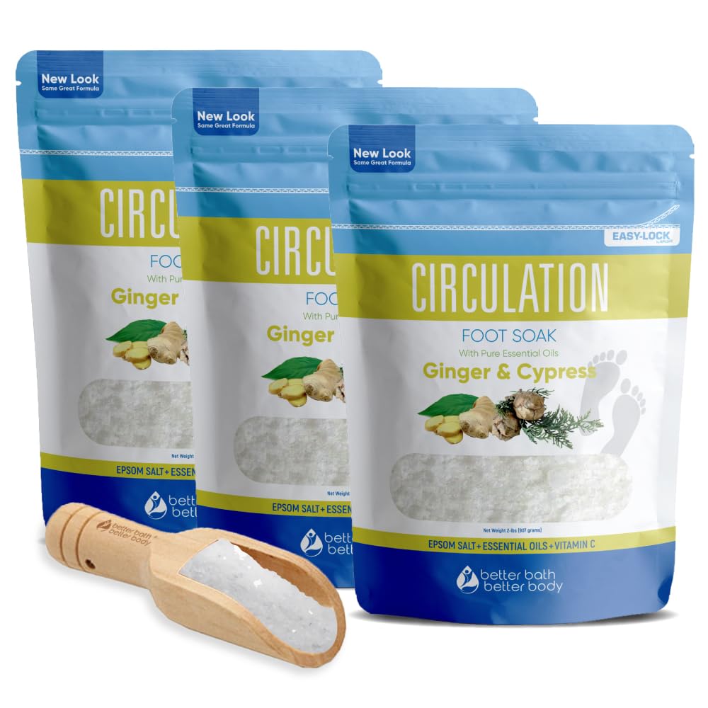 Circulation Foot Soak 32 Ounces (2 Lbs) Epsom Salt with Pure Essential Oils Ginger and Cypress Essential Oils Plus Vitamin C in BPA Free Pouch with Easy Press Lock Seal