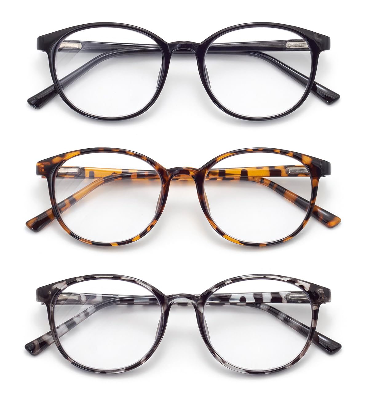 FoxMook 3-Pack Blue Light Blocking Glasses Round Women Men Computer Glasses Anti Eye Strain/UV/Glare Gaming Glasses, Black Brown-Tortoise Gray-Tortoise