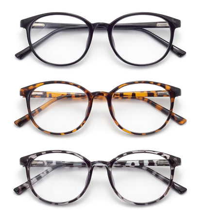 FoxMook 3-Pack Blue Light Blocking Glasses Round Women Men Computer Glasses Anti Eye Strain/UV/Glare Gaming Glasses, Black Brown-Tortoise Gray-Tortoise