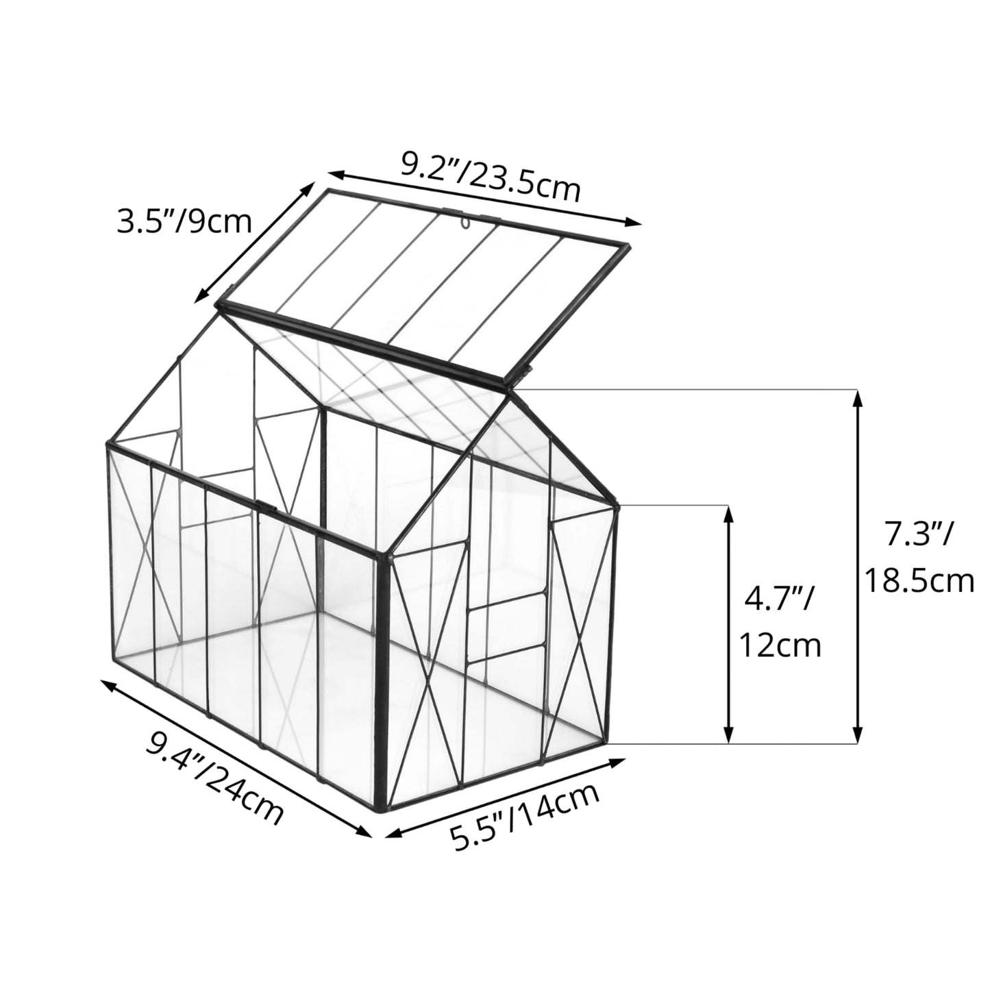 NCYP Geometric Glass Terrarium with Lid for Succulent, Small Cactus - Handmade Clear Closed House Shape Box - Home Indoor Tabletop Garden Decor, Black 9.4" x 5.5" x 7.3" (No Plants)