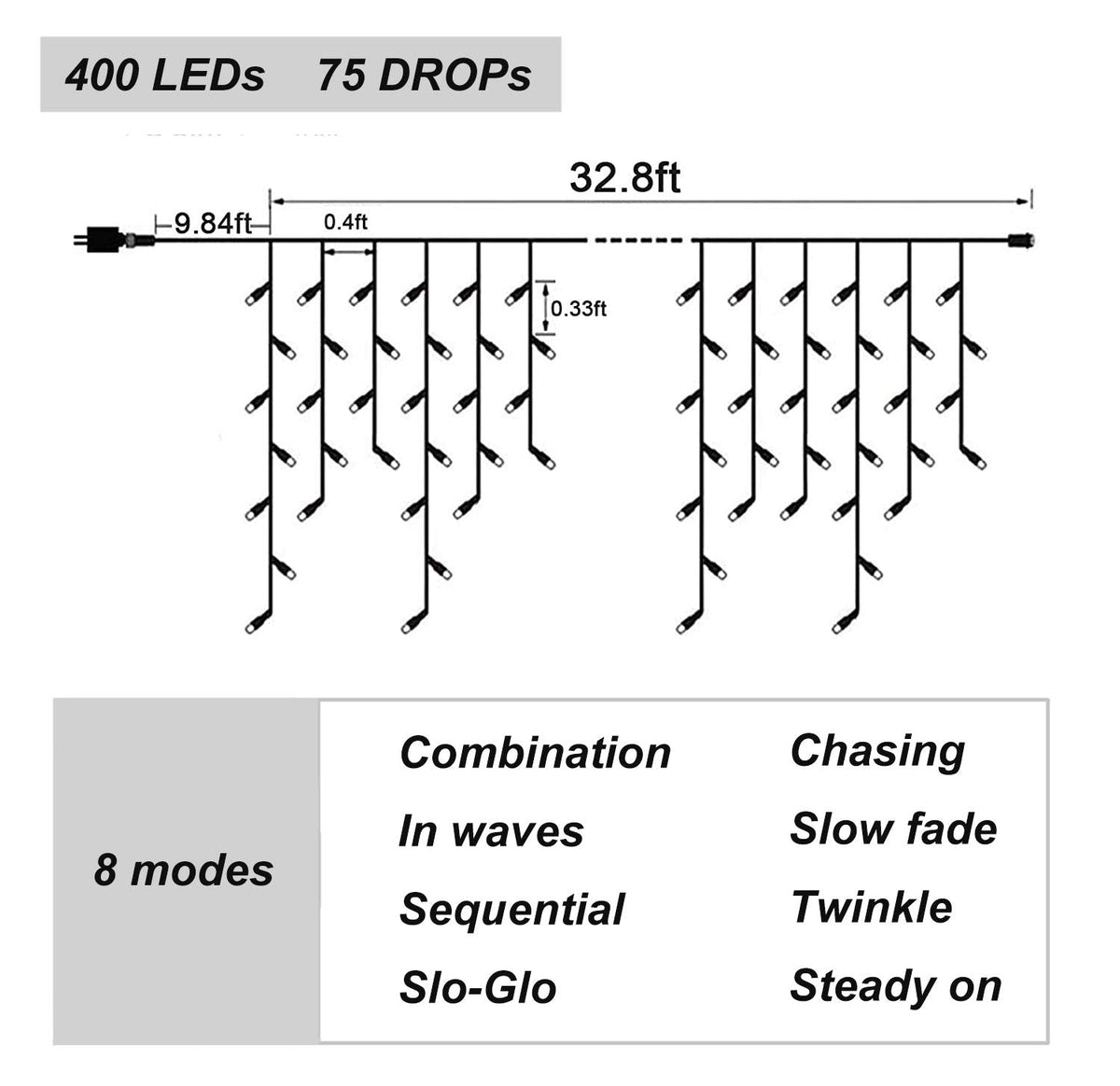 DEPOVOR Christmas LED Icicle Curtain Fairy Lights Outdoor Indoor Hanging String Lights 32.8ft 400 LED 8 Modes Lights for Xmas/Party/Easter/Thanksgiving/Halloween/Wedding Decorations (Warm White)