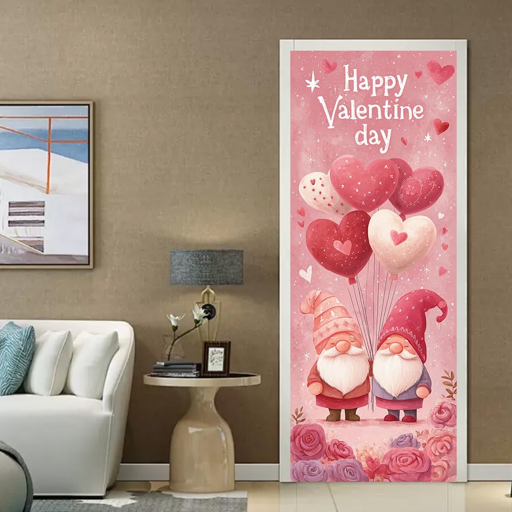 WDESYADMS PVC Self Adhesive Door Sticker 30.3x78.7 Inch Valentine Gnomes with Heart Balloons Design Peel and Stick Decorative Door Decal for Bedroom Living Room Entryway Holiday Home Decor