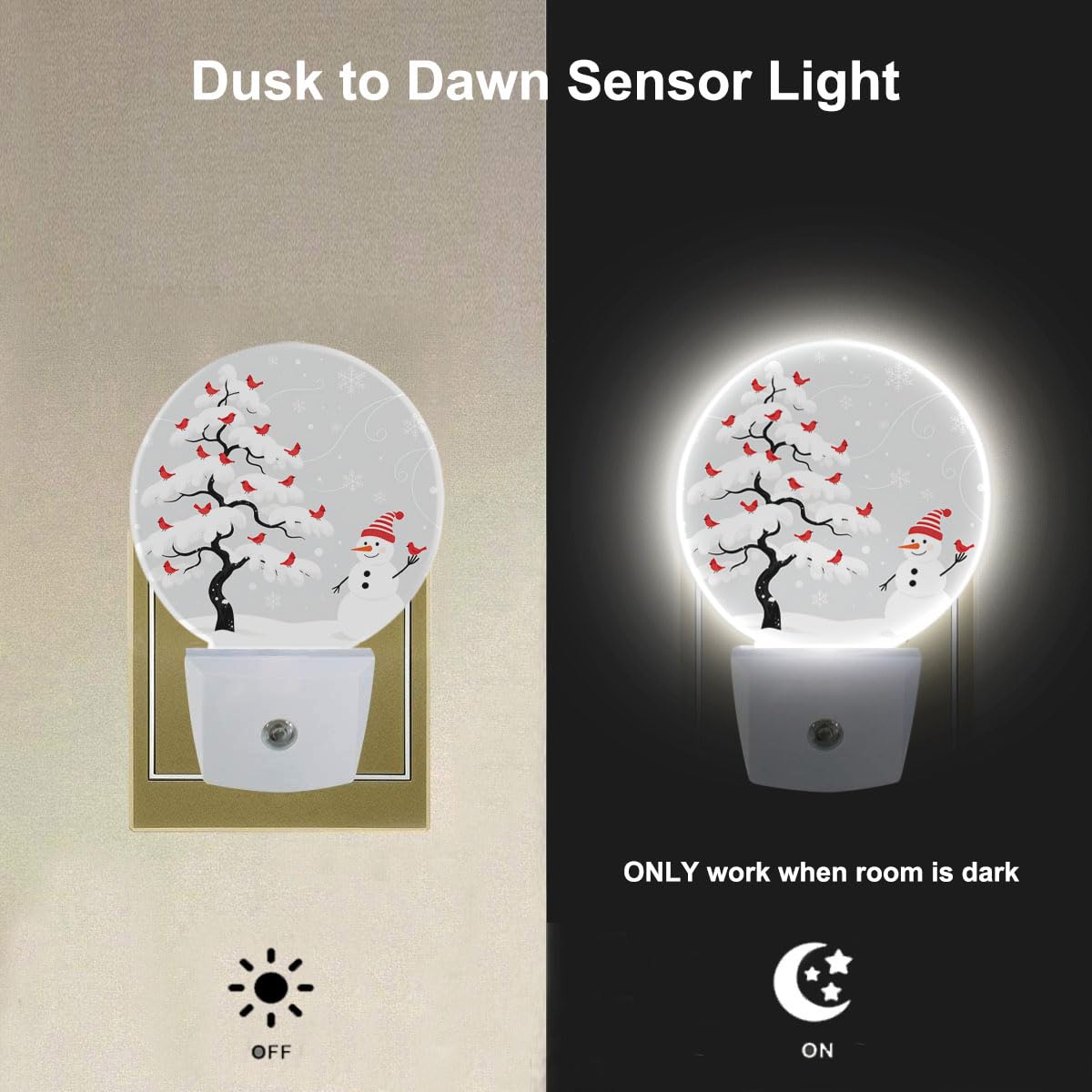 EKOBLA Snowman Night Light, Winter Snowflake and Cardinal Plug into Wall with Dusk to Dawn Sensor, 0.5W LED Energy Saving Nightlight for Kids Men Women Holiday Gift