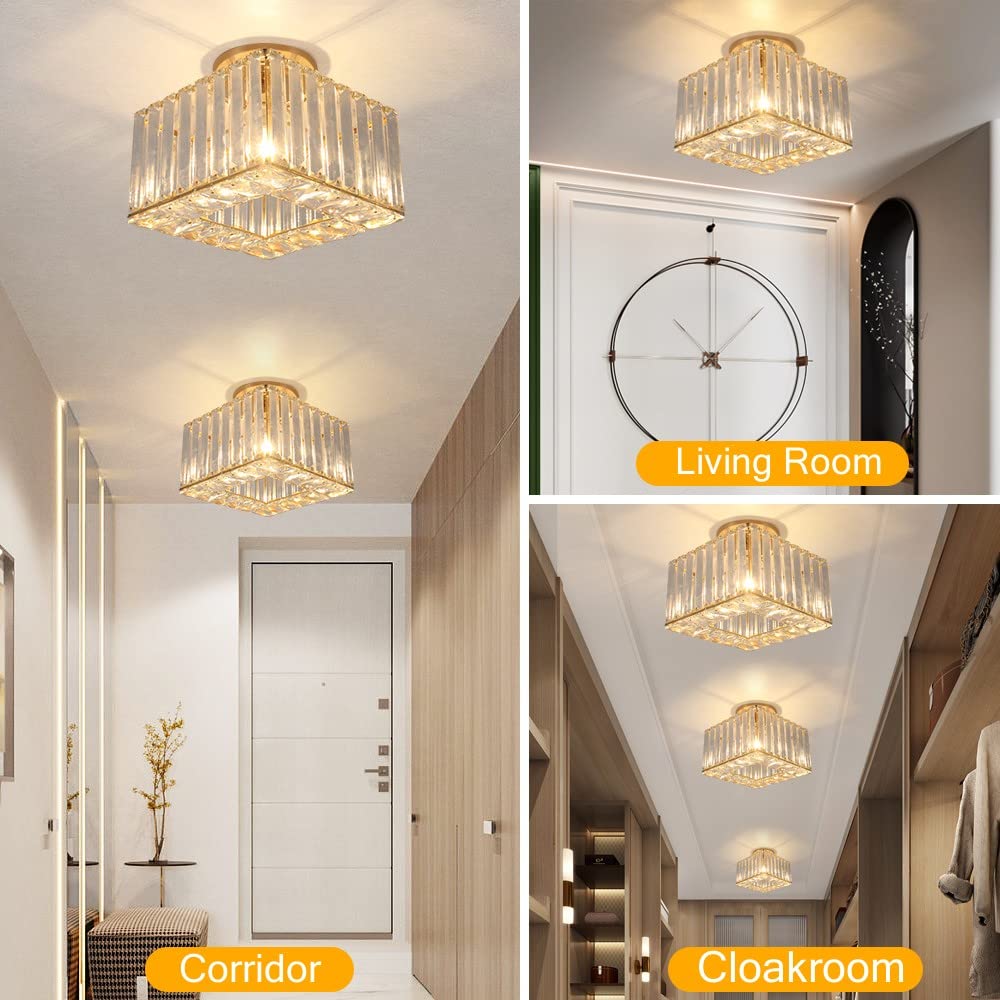 Kadomm Modern Crystal Ceiling Light Fixture, Semi Flush Mount Lighting Glod Finish LED with E26/27 Base for Bedroom, Entryway, Foyer, Hallway, Dining Room