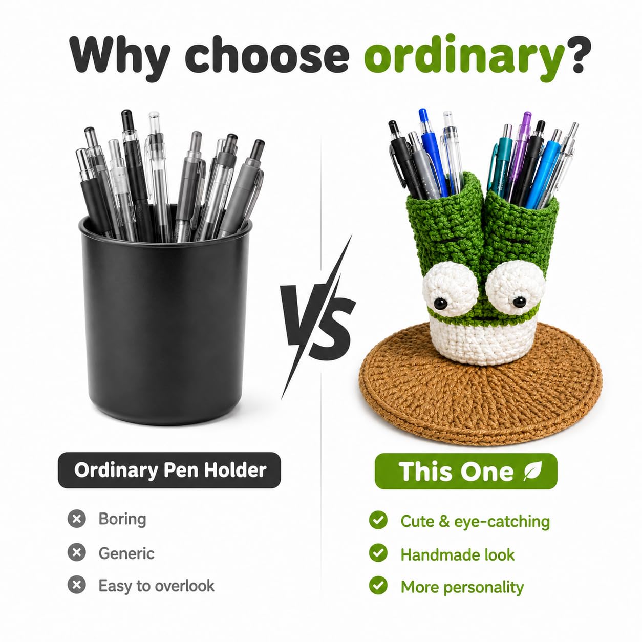 XIBIGEYE Cute Crochet Pen Holder for Desk - Handmade Green Onion Pencil Cup with Phone Stand | Funny Desk Organizer, Unique Teacher Gift, Back to School Desk Accessories for Students & Office