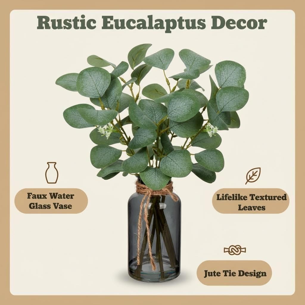 Briful Artificial Eucalyptus Stems in Black Glass Vase with Faux Water, 14" Fake Plant Eucalyptus Leaves for Home Office Farmhouse Wedding Centerpiece Décor