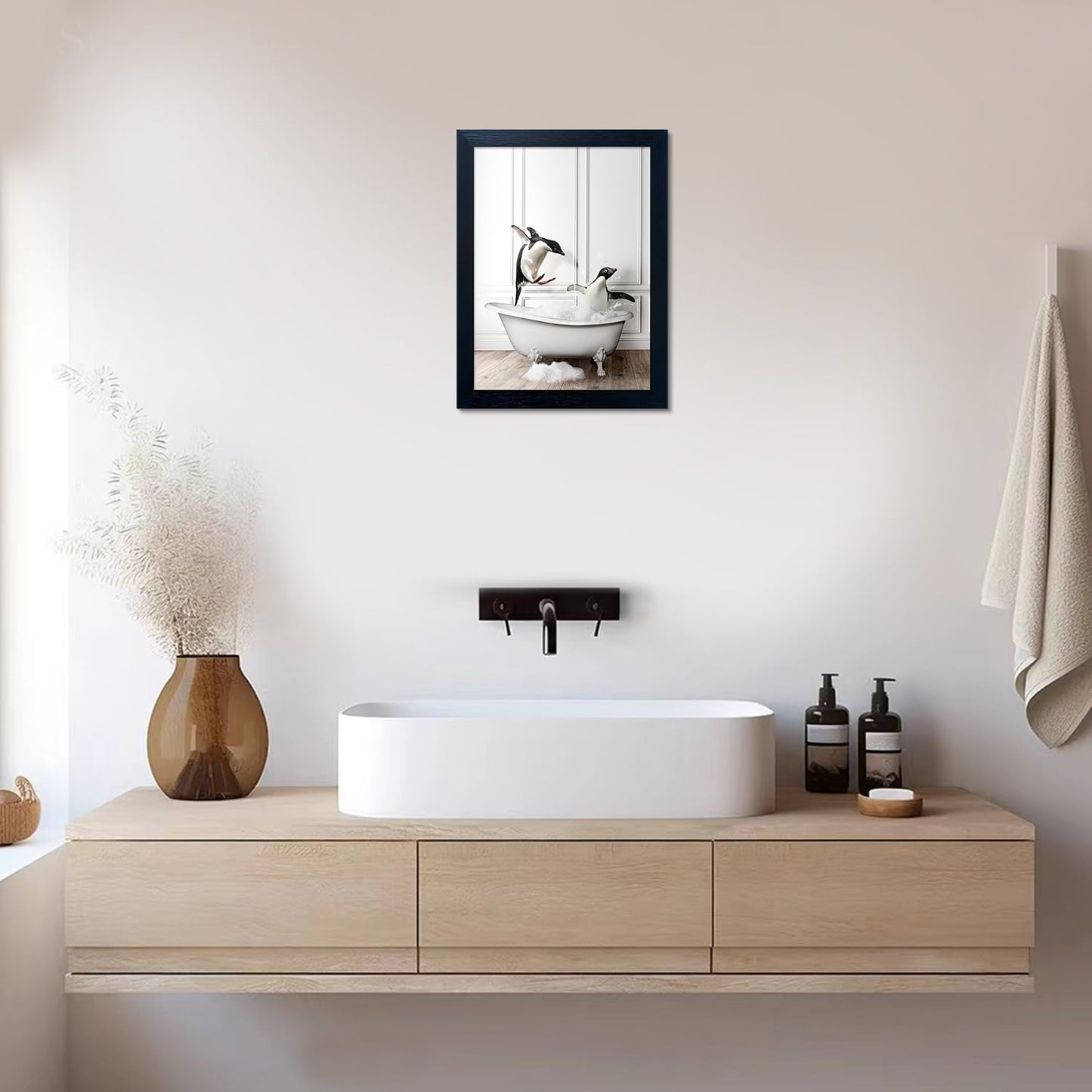 Bathroom Picture Wall Decor, Framed Black and White Bathroom Wall Art, Toilet Paper in Little Funny Raccoon's Hand Animal Canvas Print Painting