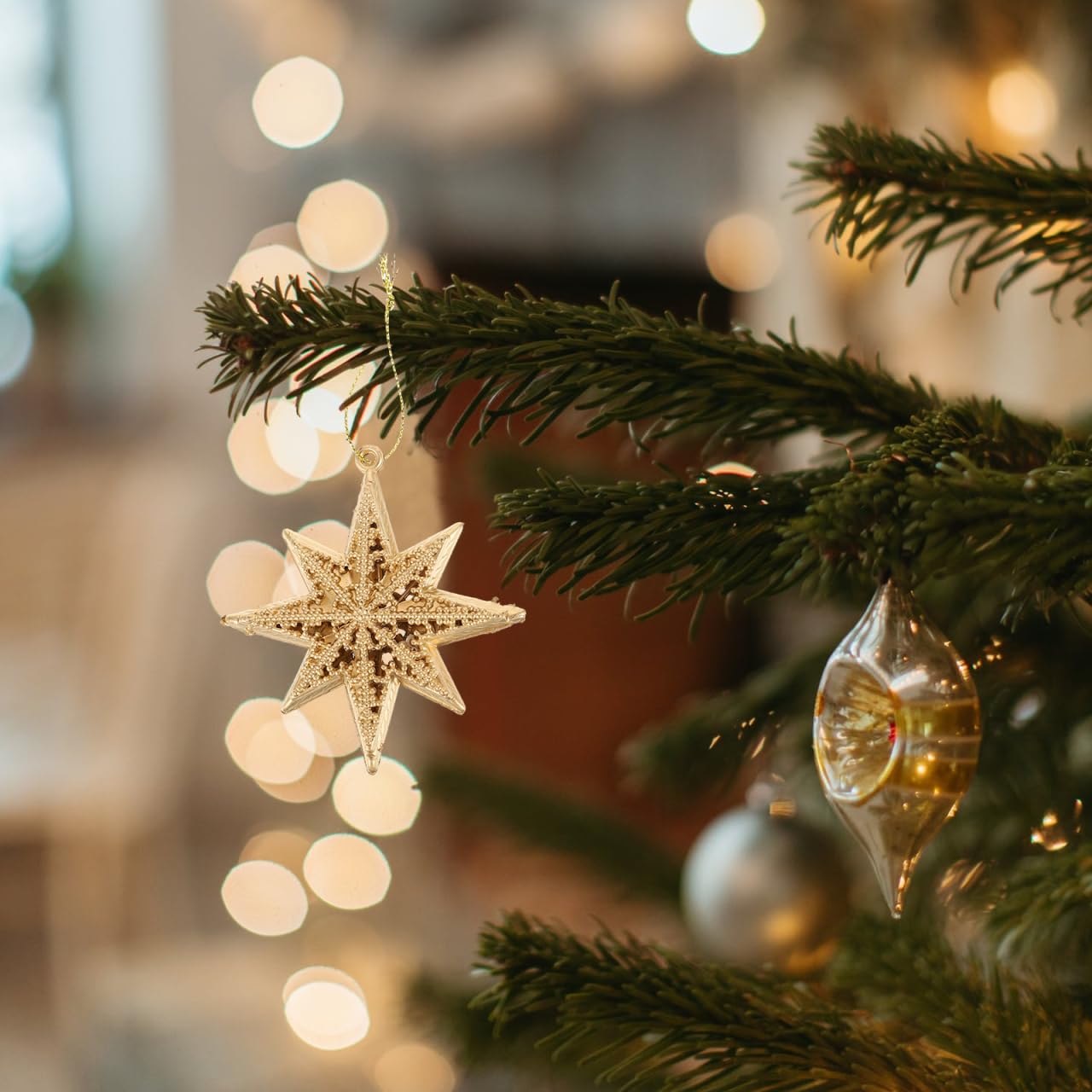 Gold Star Pendant Christmas Ornaments Set Mini Hanging Decorations for Christmas Tree Holiday Party Home 3.38 Inch Lightweight Plastic Star Decor
