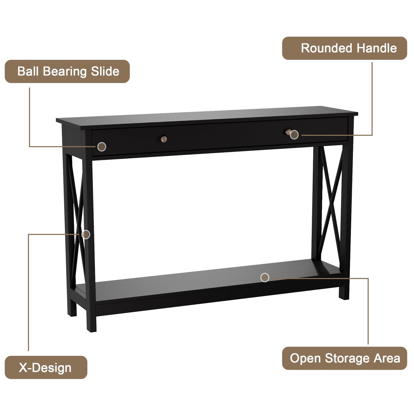 Treocho 47" Farmhouse Console Table with Drawer and Storage Shelves, Foyer Sofa Table Narrow for Entryway, Living Room, Hallway, Black