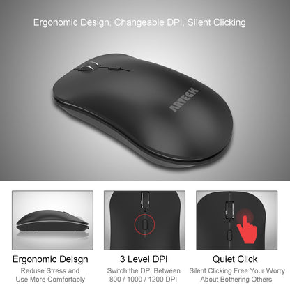 Arteck 2.4G Wireless Keyboard and Mouse Combo Stainless Steel Ultra Slim Full Size Keyboard and Ergonomic Mice for Computer Desktop PC Laptop and Windows 10/8/7 Build in Rechargeable Battery