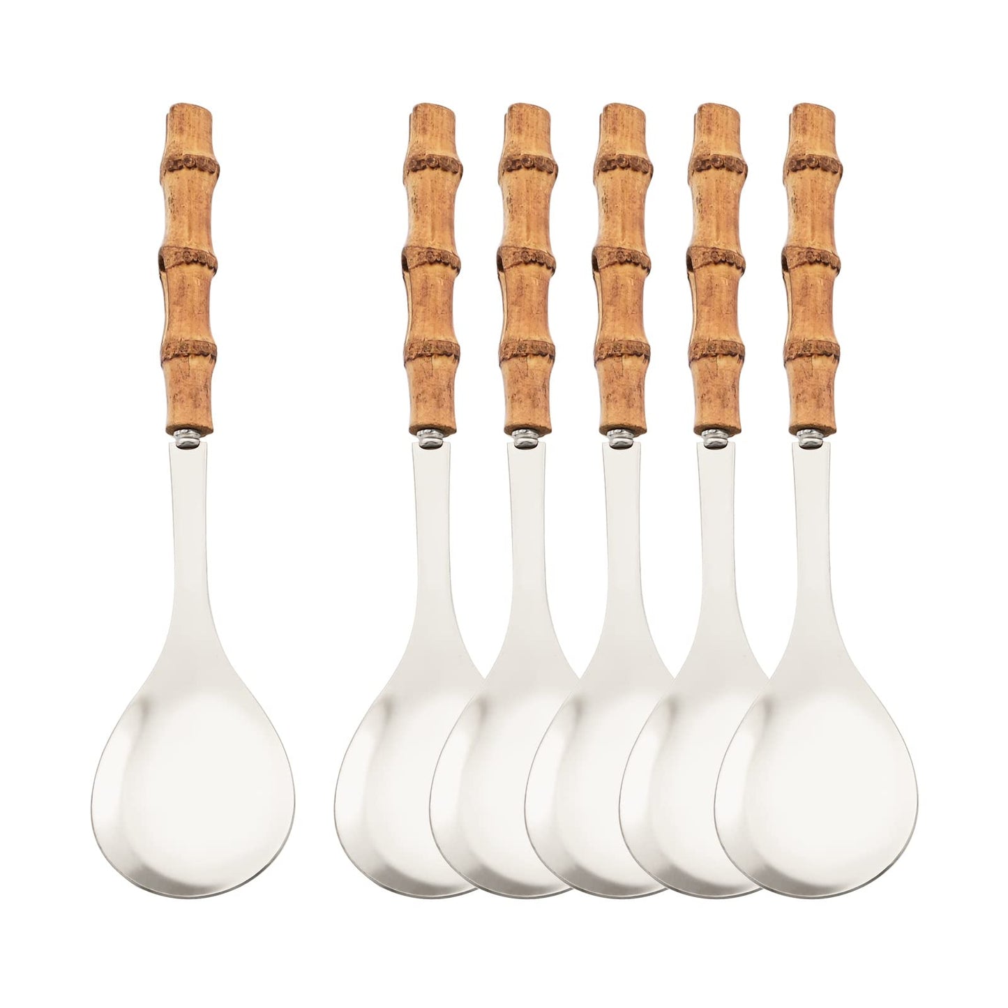 Natural Bamboo Handle Serving Spoons Set of 6, Large Size Stainless Steel Dinner Buffet Catering Banquet Serving Spoons, 10.0" Silver Big Ladle Tablespoons for Home, Family Serving Utensils
